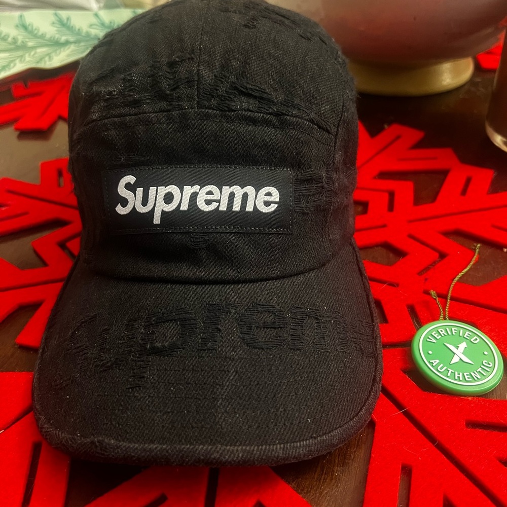 Supreme Frayed Logo Denim Black Camp Hat